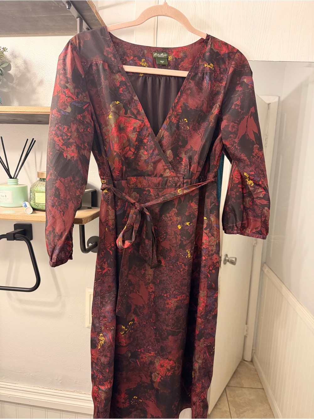 Eddie Bauer Burgundy Floral Dress with Tie Waist